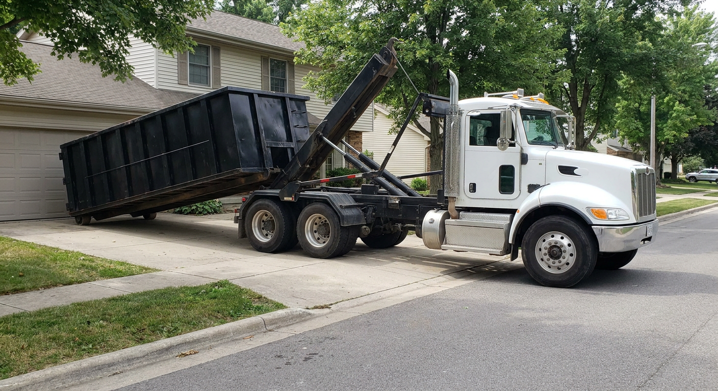 White-cab hooklift roll-off truck actively lowering a matte-black dumpster onto a Warren residential concrete driveway, the dumpster's rear wheels touching the driveway as the hoist arm tilts the bed forward, mid-morning daylight.